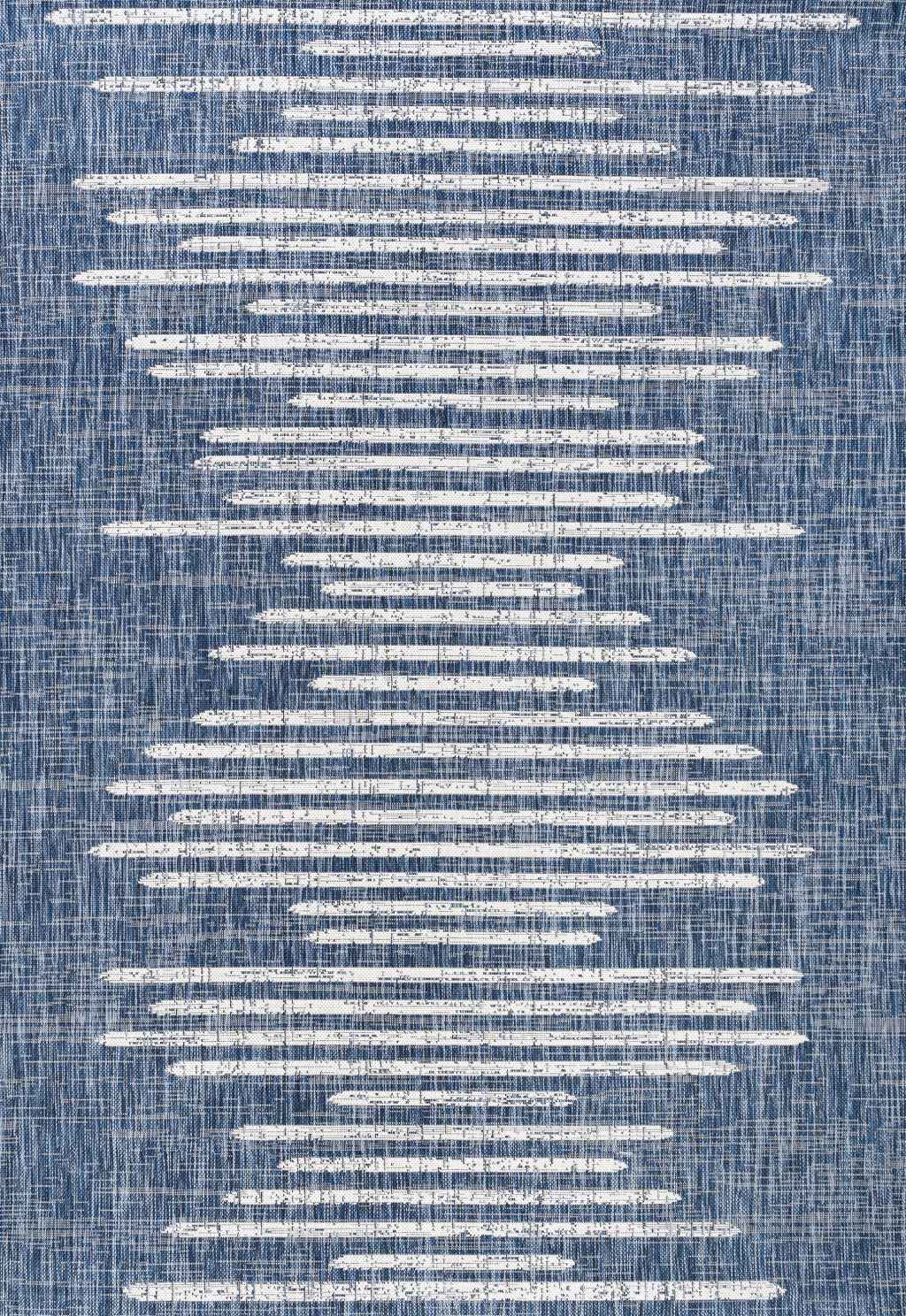 9' X 12' Blue And Ivory Striped Indoor Outdoor Area Rug