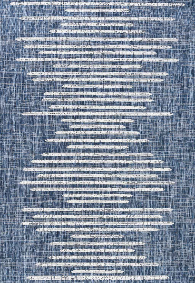 9' X 12' Blue And Ivory Striped Indoor Outdoor Area Rug
