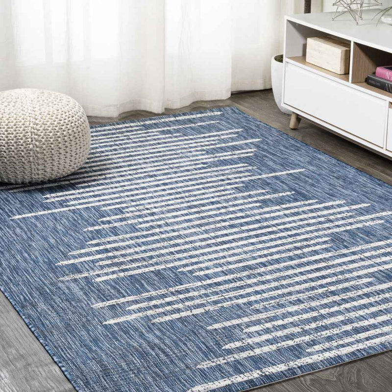 9' X 12' Blue And Ivory Striped Indoor Outdoor Area Rug