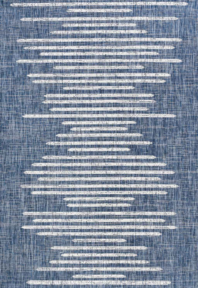 9' X 12' Blue And Ivory Striped Indoor Outdoor Area Rug