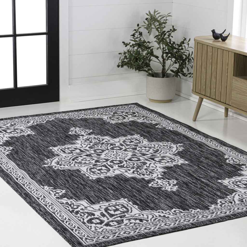 8' X 10' Dark Gray And Cream Medallion Indoor Outdoor Area Rug