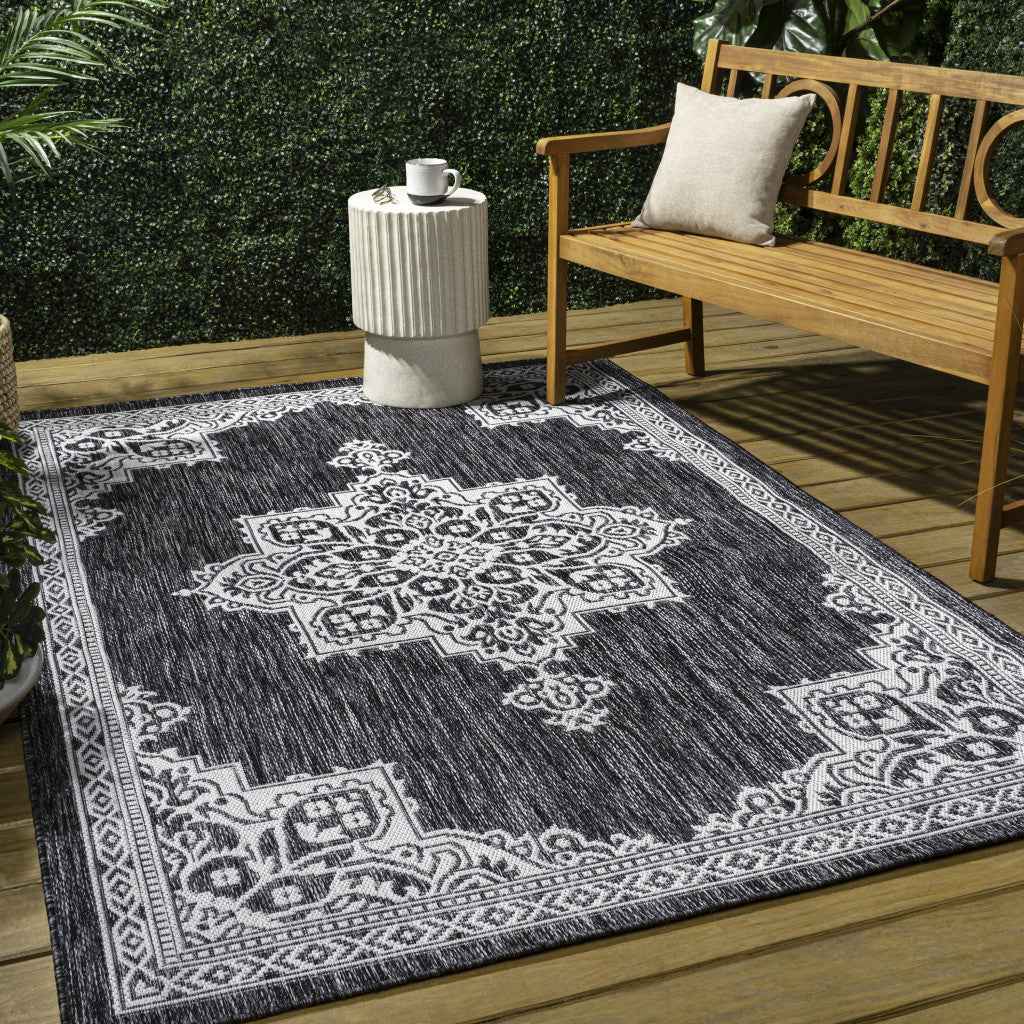 8' X 10' Dark Gray And Cream Medallion Indoor Outdoor Area Rug