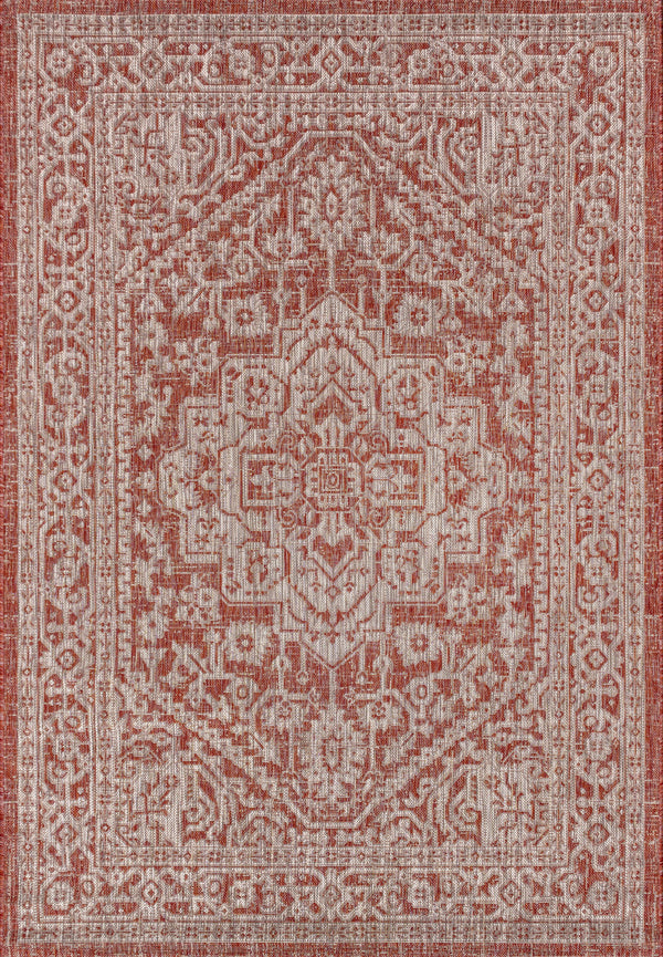 Red and taupe medallion area rug with ornate border, flat weave