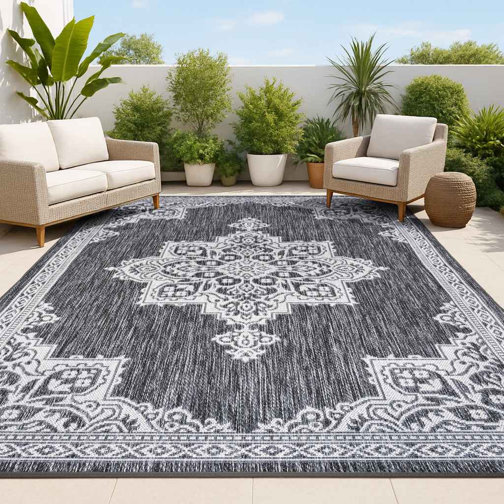 3' X 5' Dark Gray And Cream Medallion Indoor Outdoor Area Rug