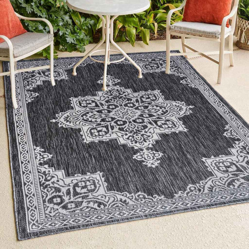 3' X 5' Dark Gray And Cream Medallion Indoor Outdoor Area Rug