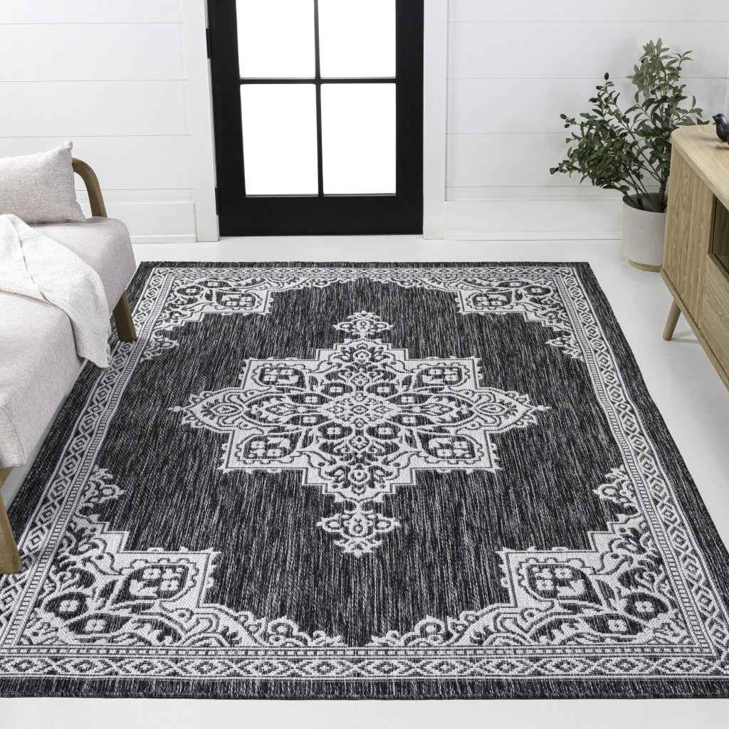 3' X 5' Dark Gray And Cream Medallion Indoor Outdoor Area Rug