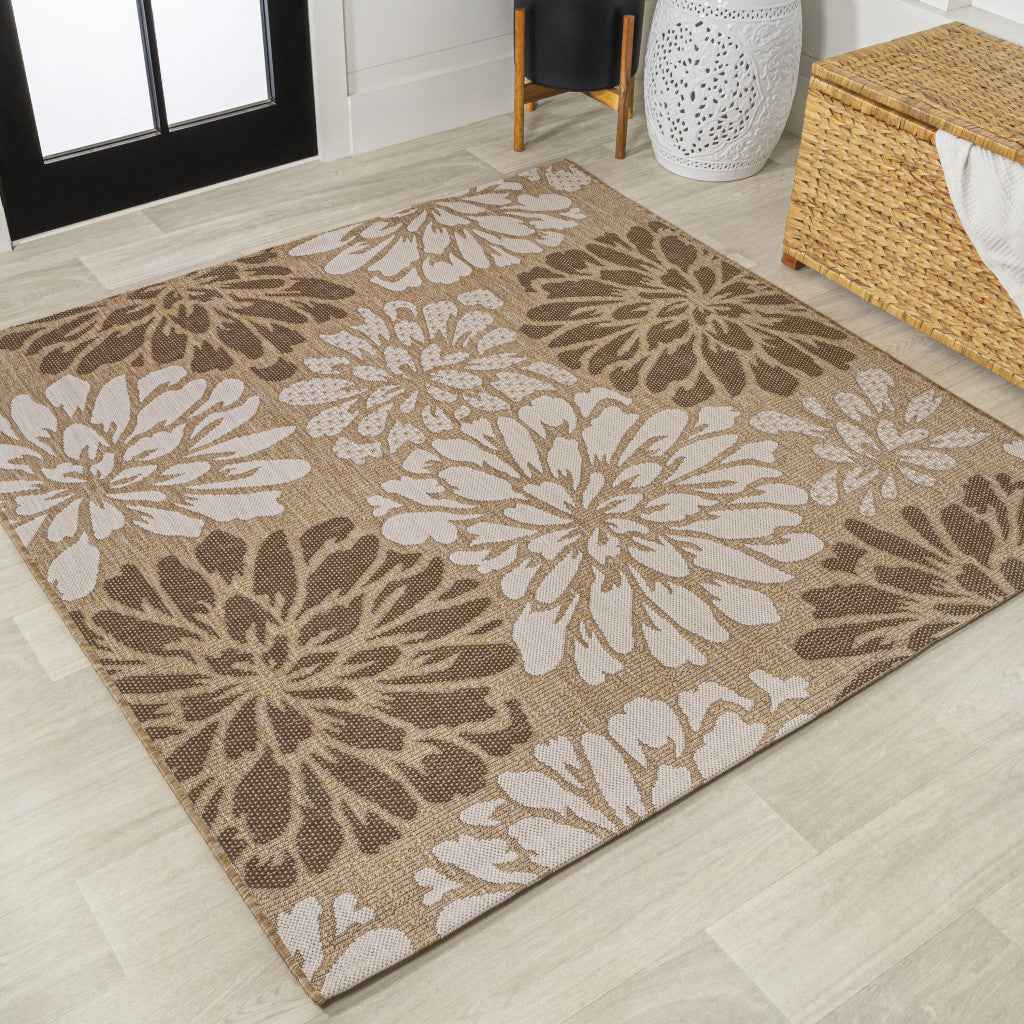 8' Brown And Cream Square Floral Indoor Outdoor Area Rug