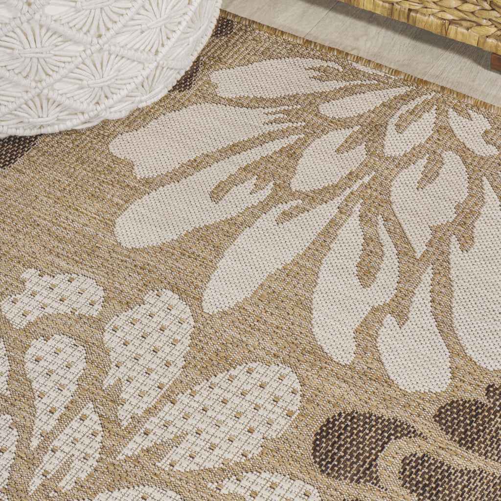 8' Brown And Cream Square Floral Indoor Outdoor Area Rug