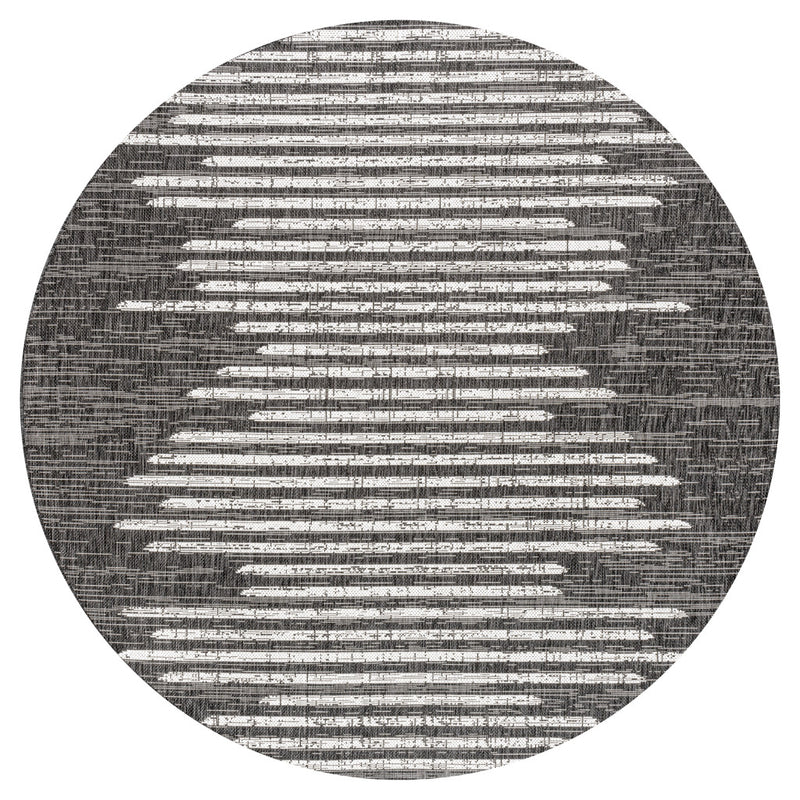 Round black rug with ivory horizontal stripe pattern, centered top view