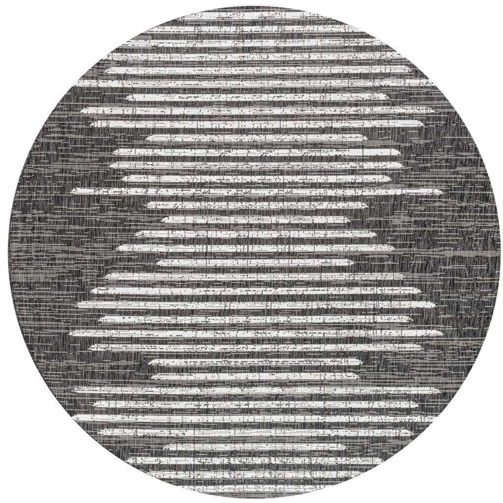 Round rug design with black background and ivory horizontal distressed stripes