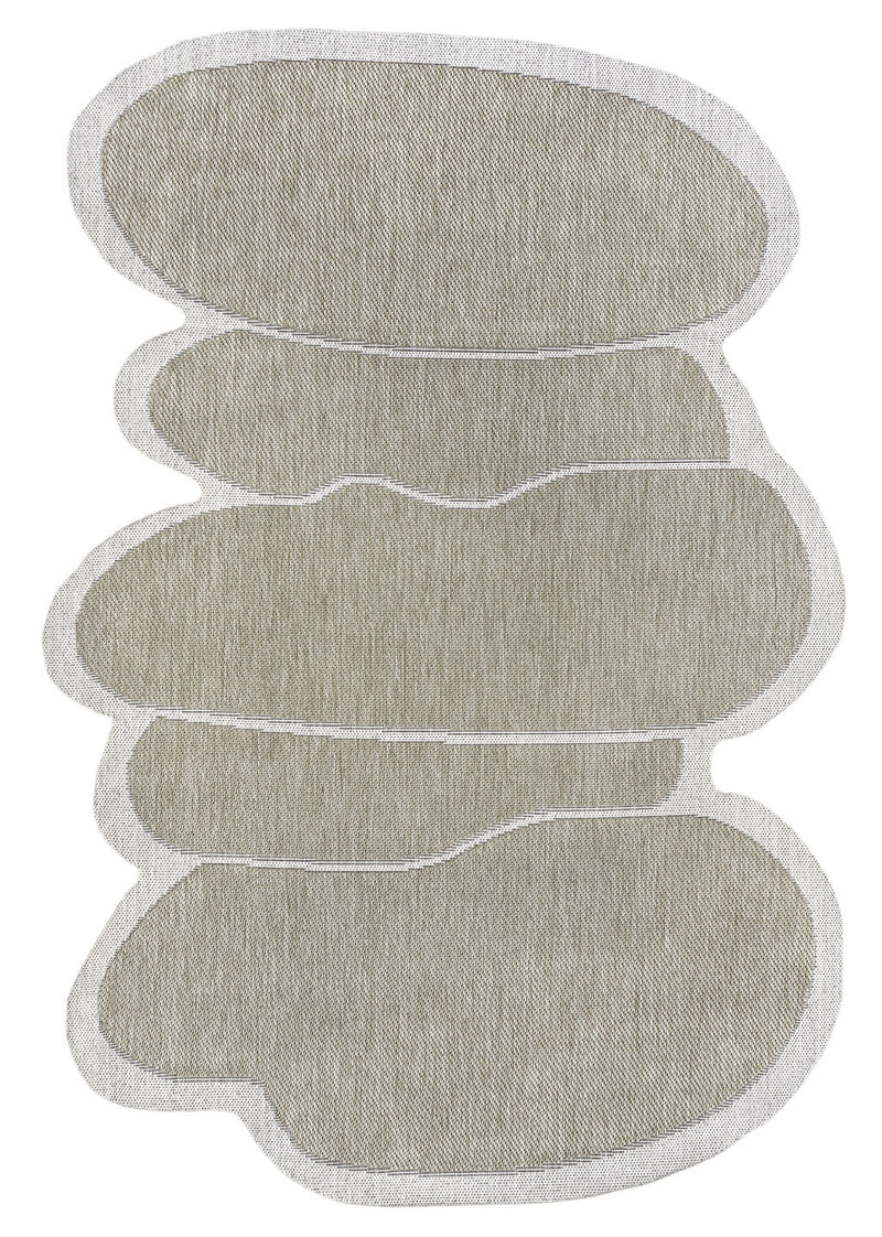 Indoor outdoor area rug with stacked oval medallion pattern, light beige and cream
