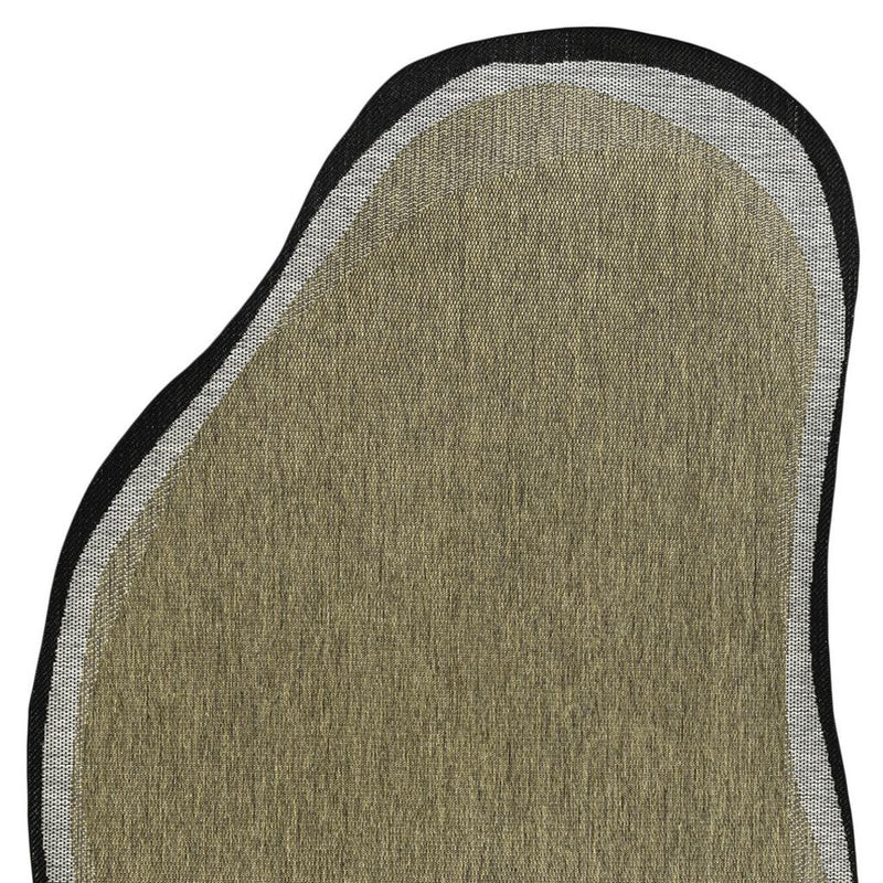 Textured abstract area rug close-up with olive surface, light gray stripe, black border
