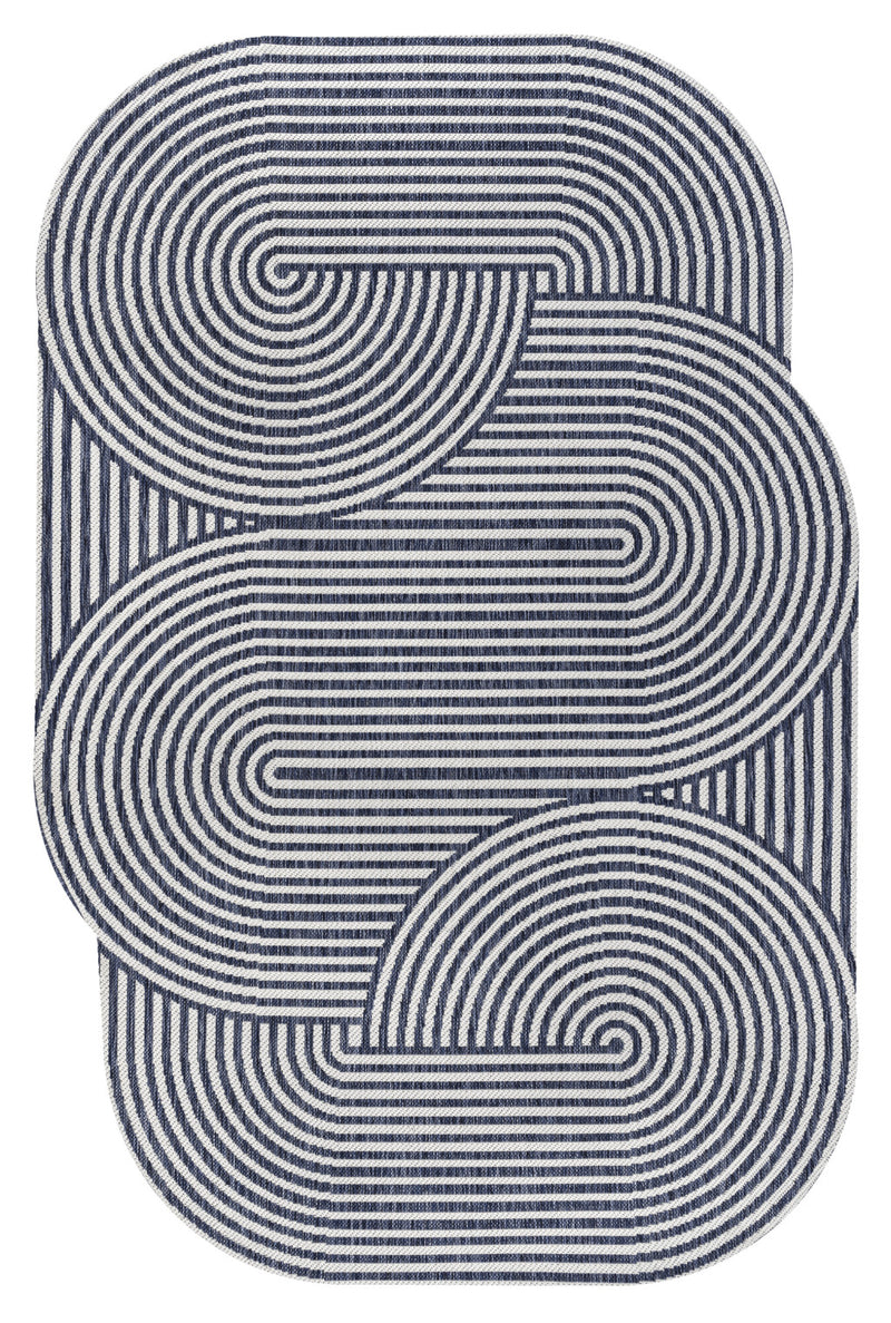 Abstract area rug with layered cream-and-navy swirl lines, rounded oval shape.