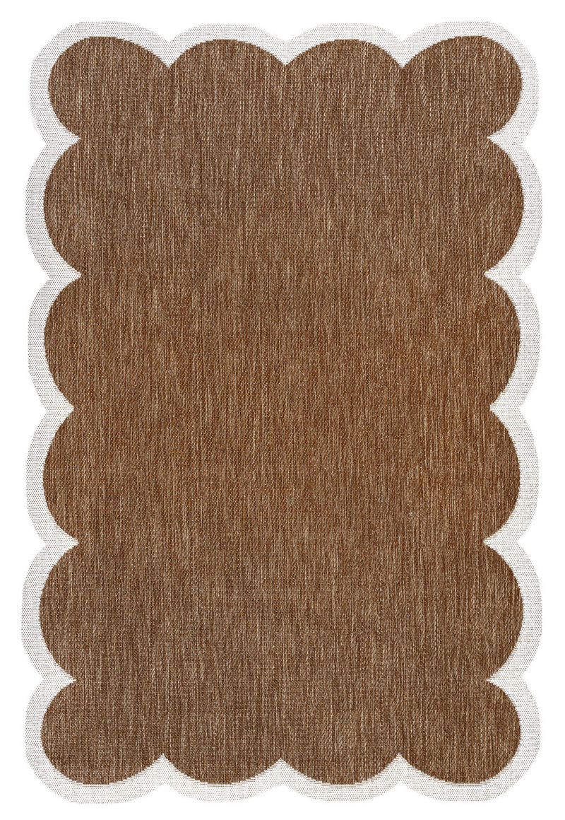 Brown textured area rug with cream scalloped outline and woven look