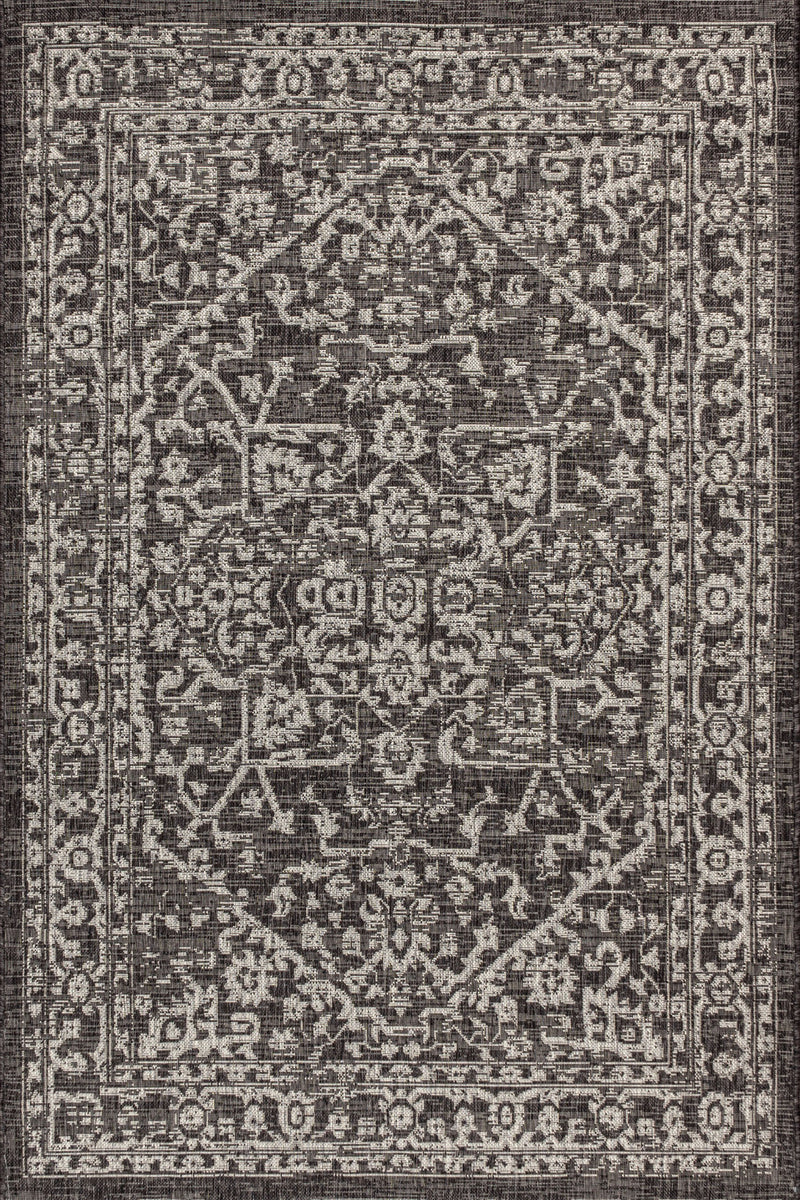 Gray and dark medallion area rug with intricate symmetric border and central medallion