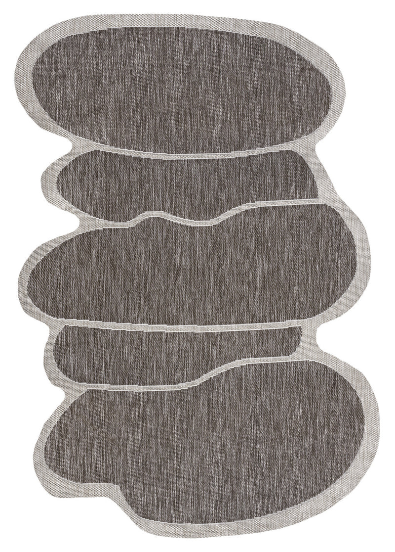 Indoor/outdoor area rug abstract medallion with layered dark gray ovals and light border