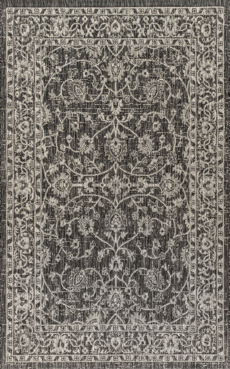 Rectangular gray and black medallion area rug with ornate border