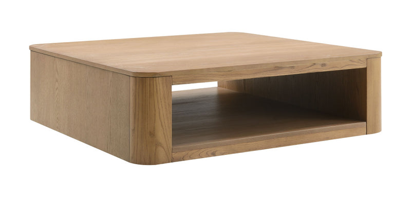 Square coffee table with open shelf, light oak wood and thick top