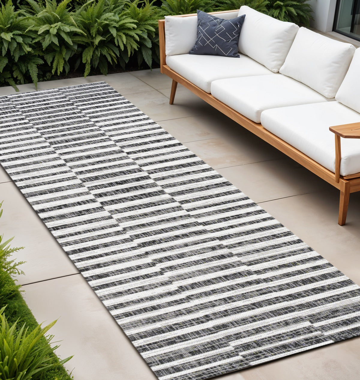 10' Black And Ivory Striped Indoor Outdoor Runner Rug - Sports & Outdoor