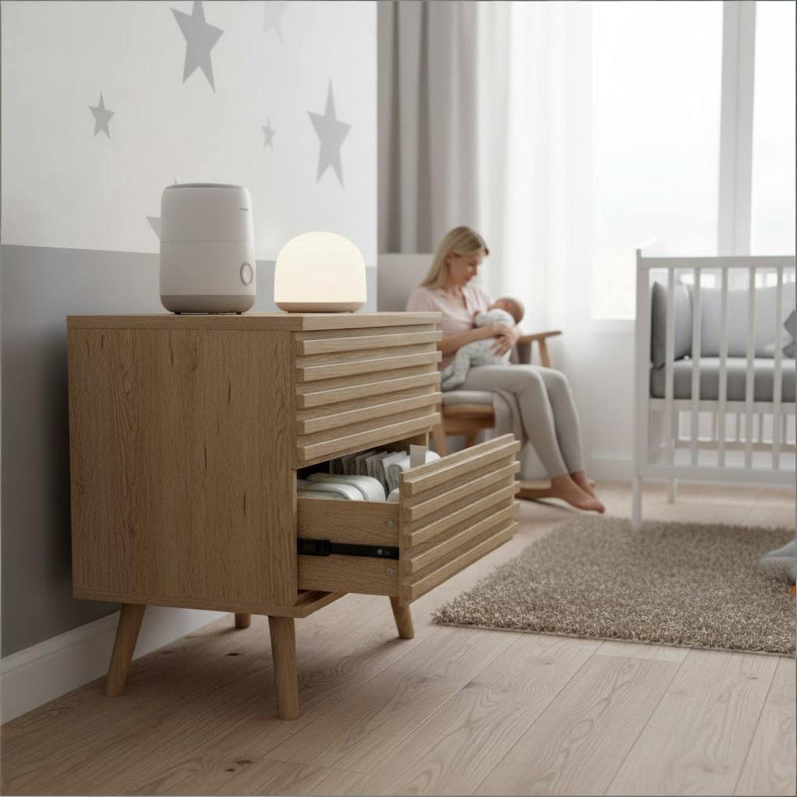 Set of Two 23" Natural Solid Wood Ribbed Texture Two Drawer Nightstand