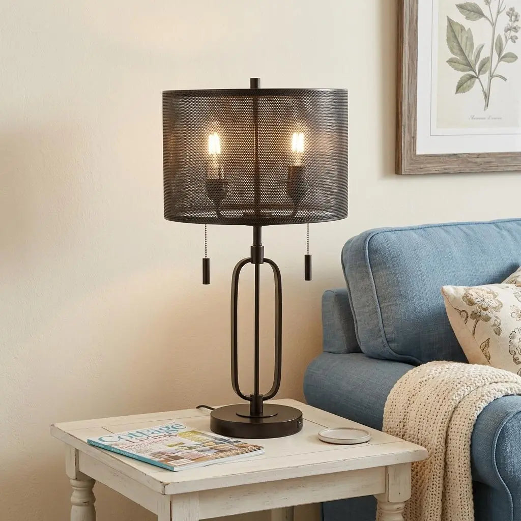 27" Antiqued Bronze Novelty Table Lamp With Drum Shade Homeroots Lighting