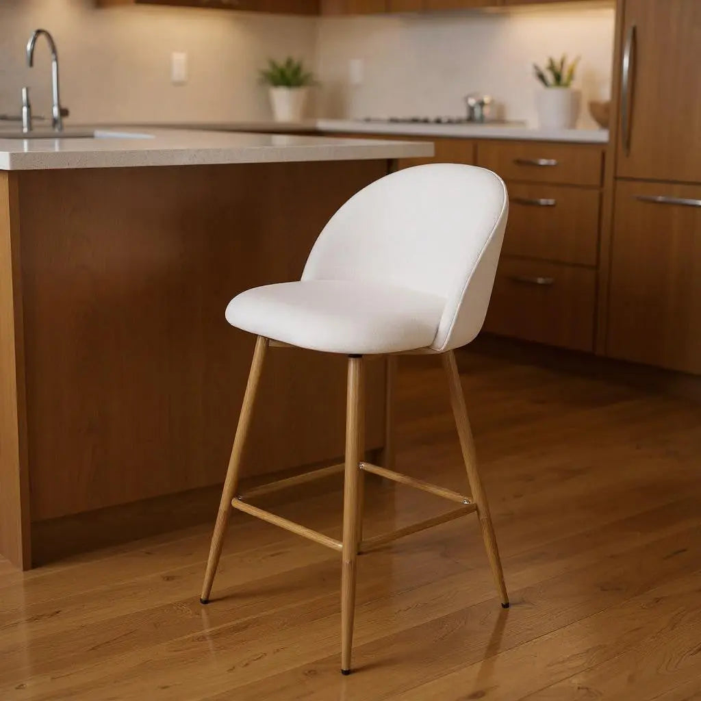 27" Beige and Oak Fabric and Metal Low Back Counter Height Swivel Bar Chair Homeroots Living Room