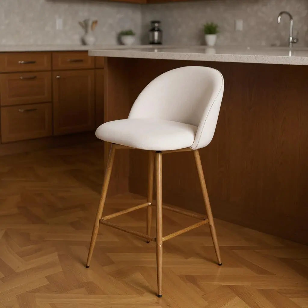 27" Beige and Oak Fabric and Metal Low Back Counter Height Swivel Bar Chair Homeroots Living Room