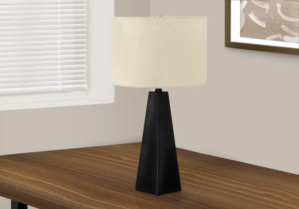 27" Black Geometric Table Lamp With Beige Drum Shade Homeroots Lighting
