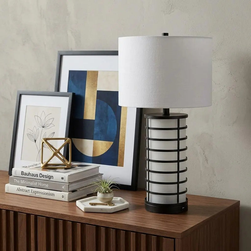 27" Black USB Table Lamp With Drum Shade Homeroots Lighting