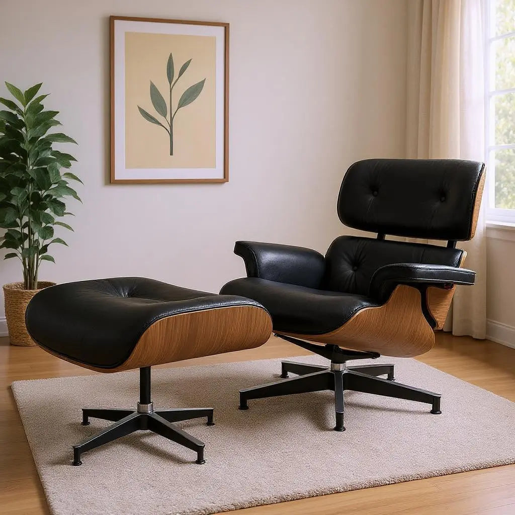 27" Black and Light Brown Tufted Genuine Leather Swivel Lounge Chair With Ottoman Homeroots Living Room
