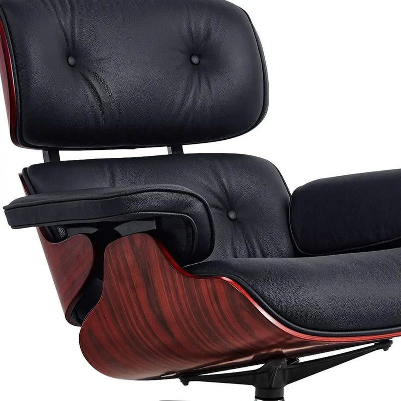 27" Black and Rosewood Tufted Genuine Leather Swivel Lounge Chair With Ottoman Homeroots Living Room