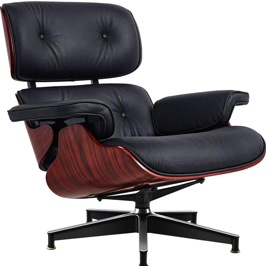 27" Black and Rosewood Tufted Genuine Leather Swivel Lounge Chair With Ottoman Homeroots Living Room