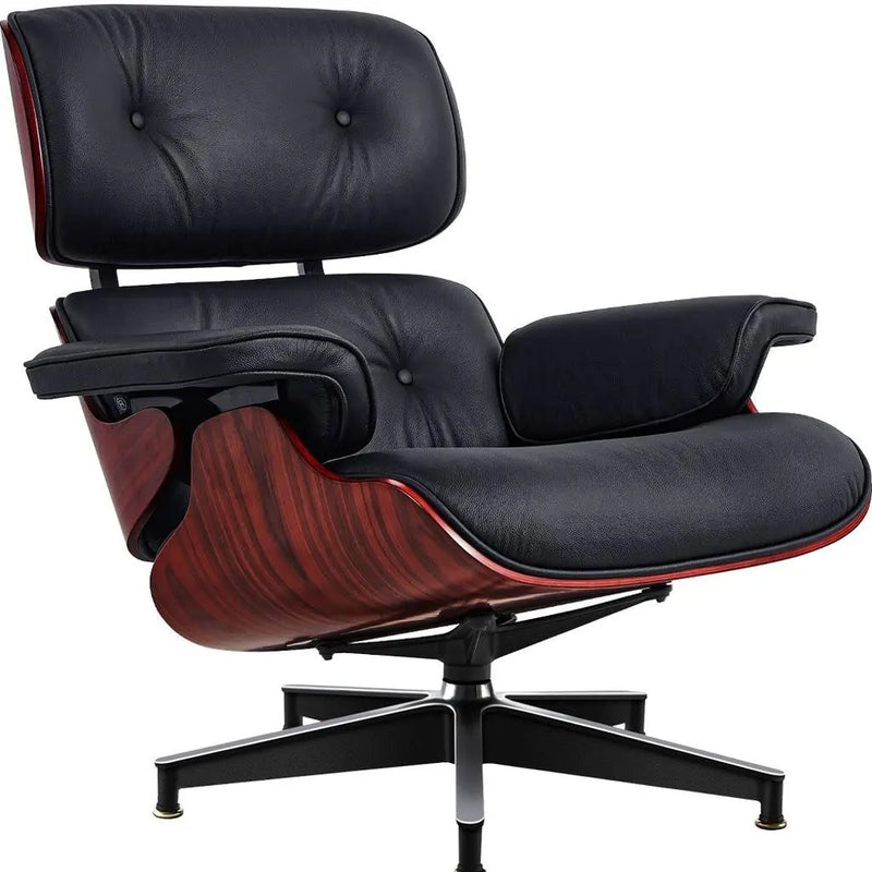 27" Black and Rosewood Tufted Genuine Leather Swivel Lounge Chair With Ottoman Homeroots Living Room