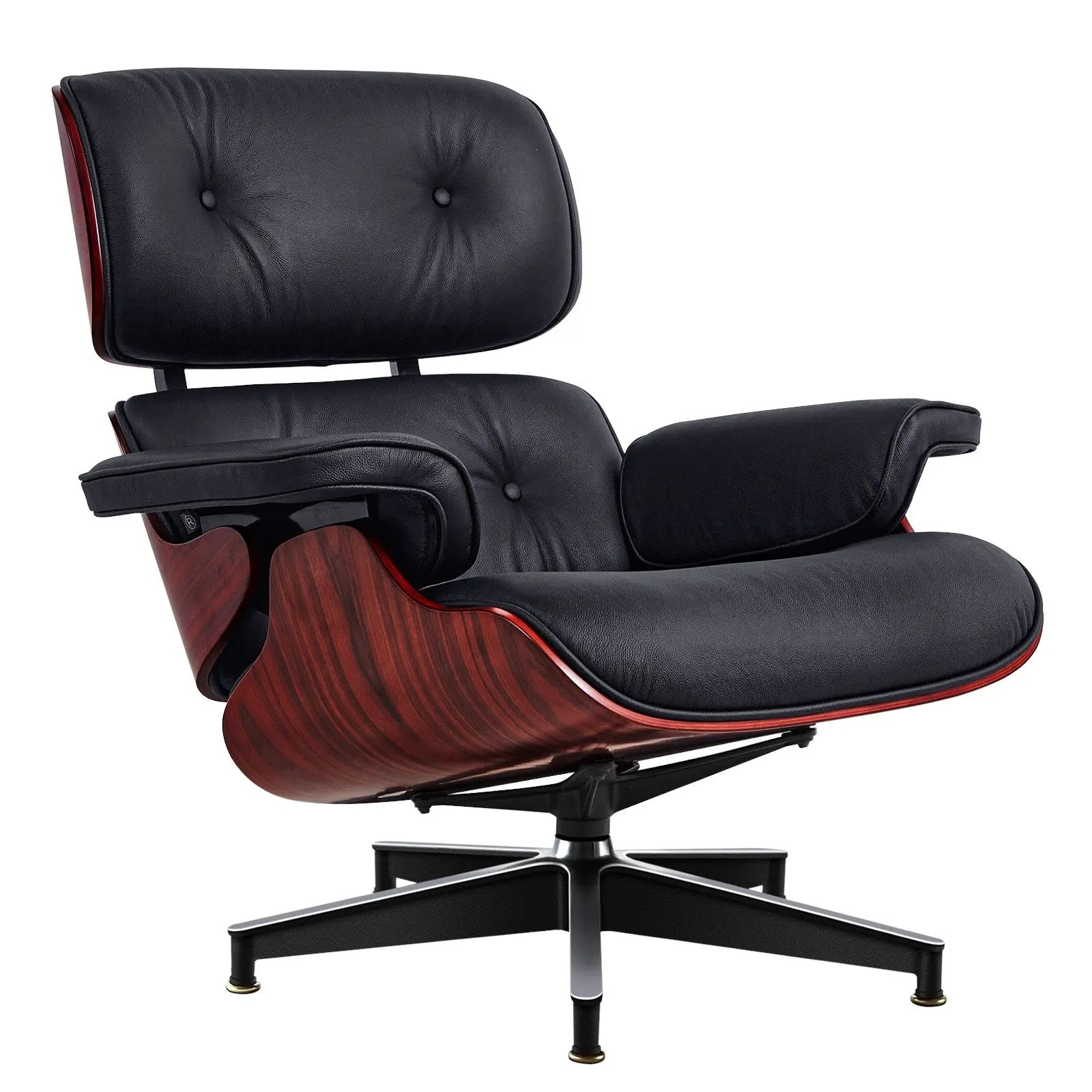 27" Black and Rosewood Tufted Genuine Leather Swivel Lounge Chair With Ottoman Homeroots Living Room