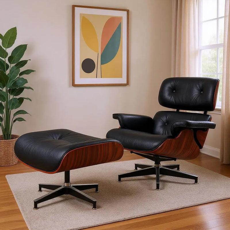 27" Black and Rosewood Tufted Genuine Leather Swivel Lounge Chair With Ottoman Homeroots Living Room