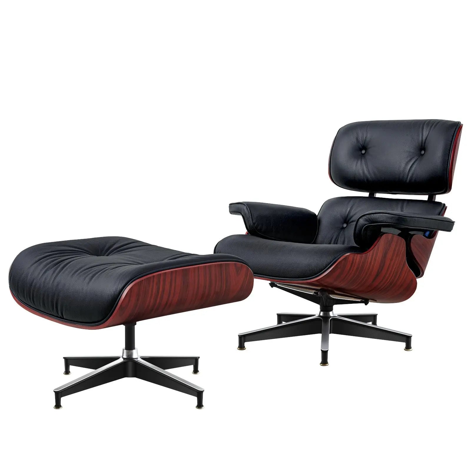 27" Black and Rosewood Tufted Genuine Leather Swivel Lounge Chair With Ottoman Homeroots Living Room