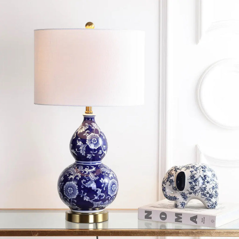 27" Blue Gold And White Novelty Table Lamp With Drum Shade Homeroots Lighting