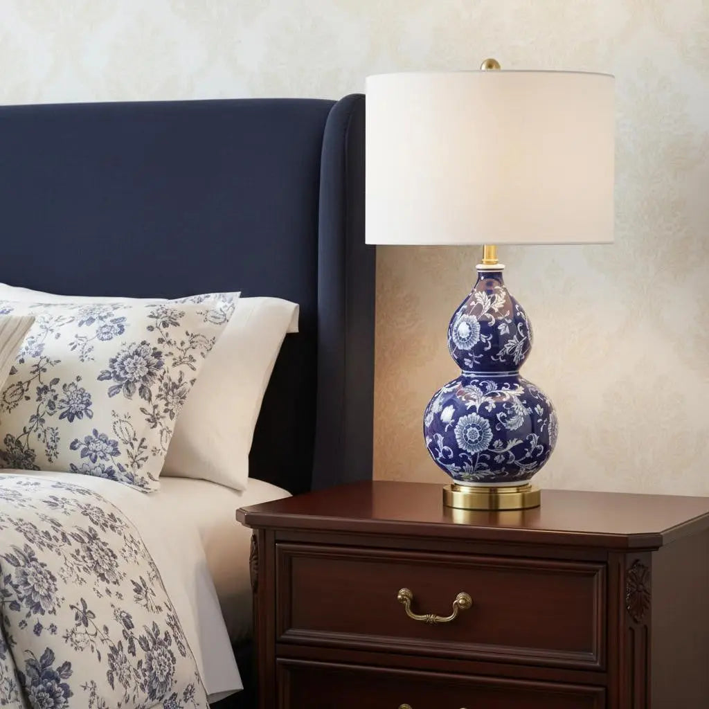 27" Blue Gold And White Novelty Table Lamp With Drum Shade Homeroots Lighting