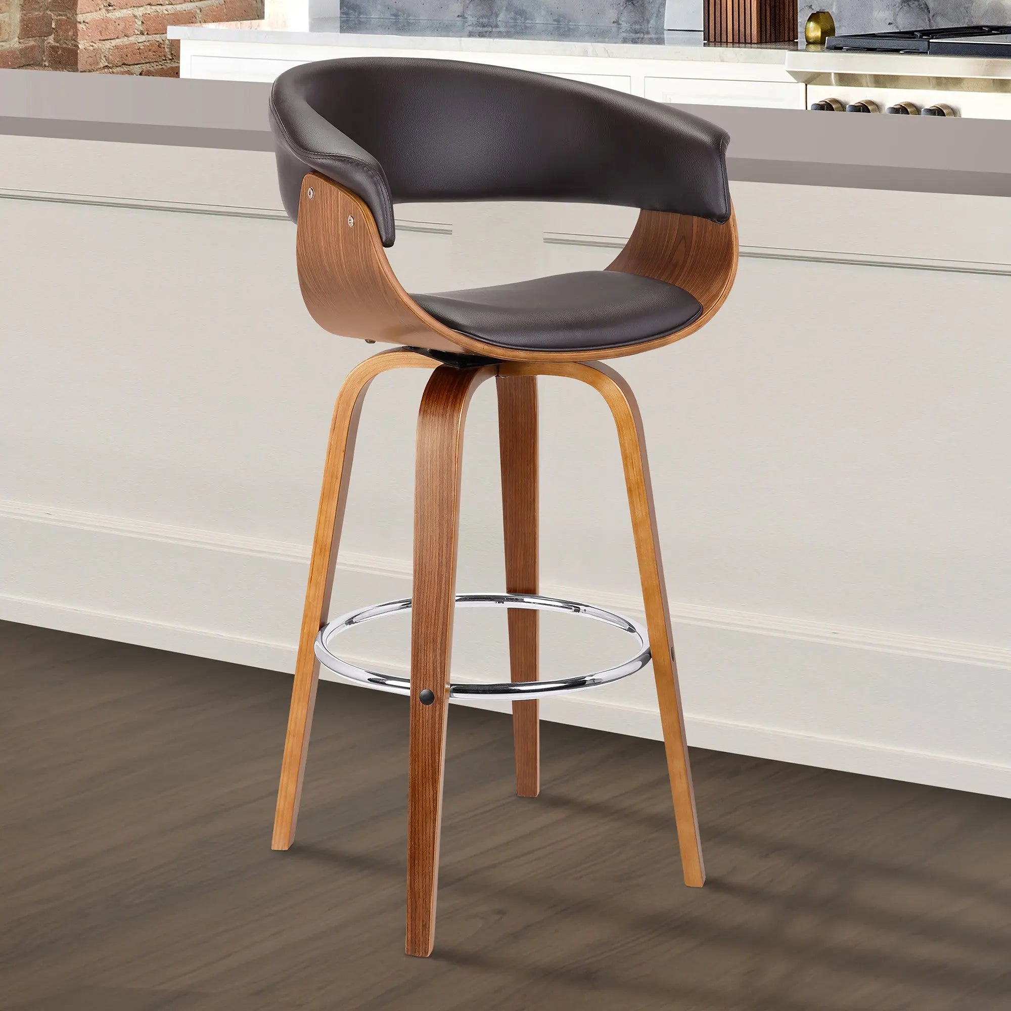 27" Brown Faux Leather And Iron Swivel Low Back Counter Height Bar Chair - GreatEagleInc