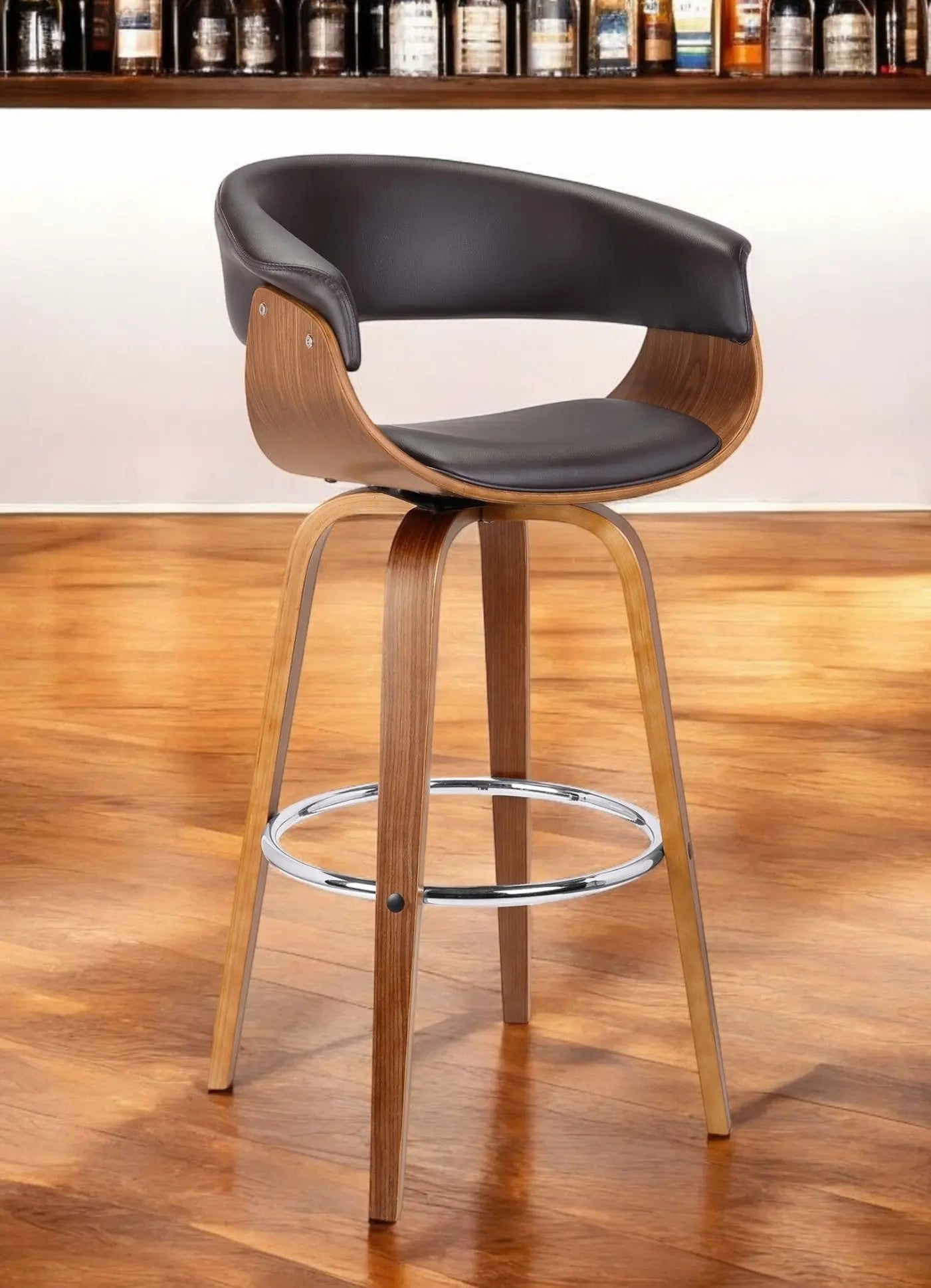 27" Brown Faux Leather And Iron Swivel Low Back Counter Height Bar Chair - GreatEagleInc
