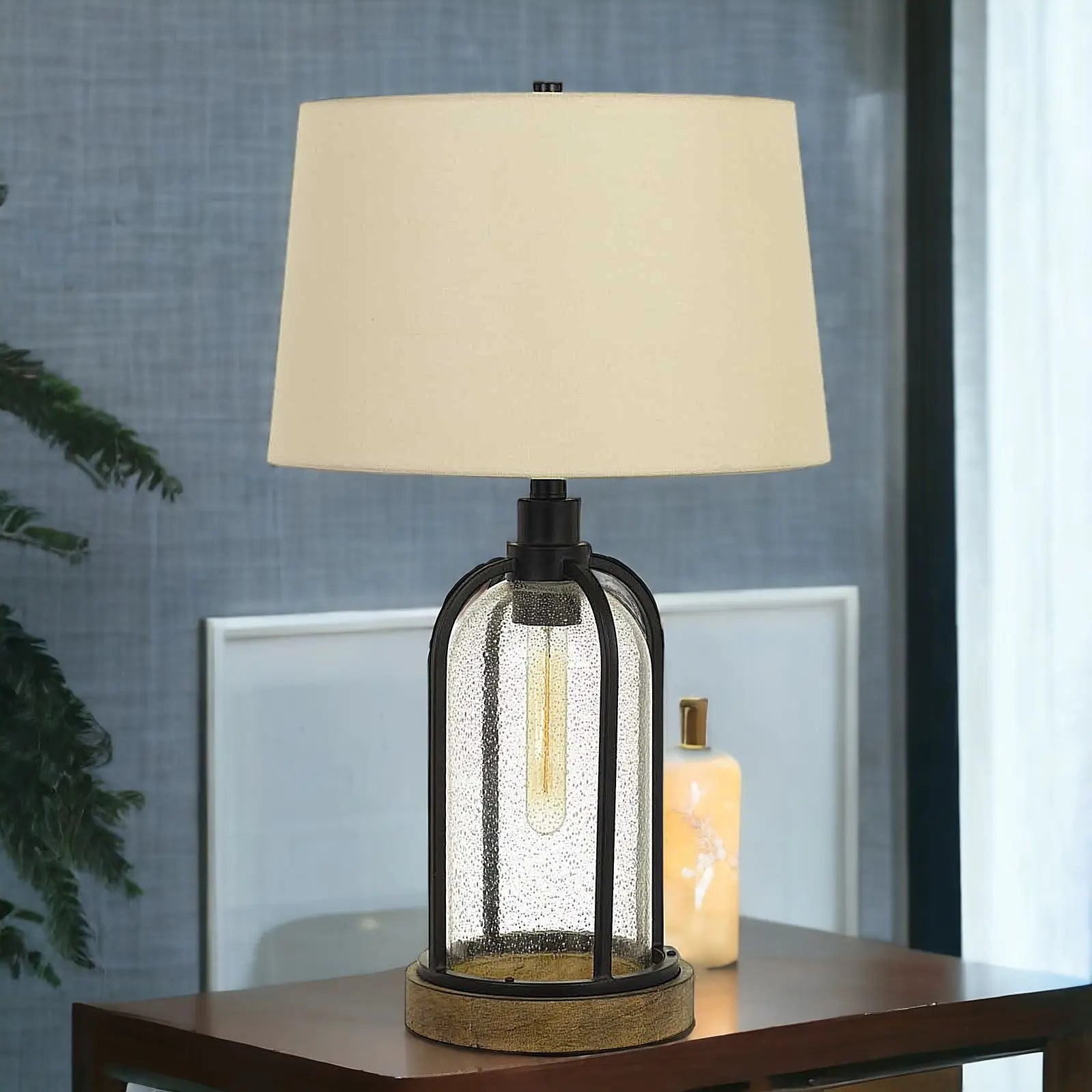 27" Brown Metal Two Light Globe Table Lamp With Eggshell Empire Shade Homeroots Lighting