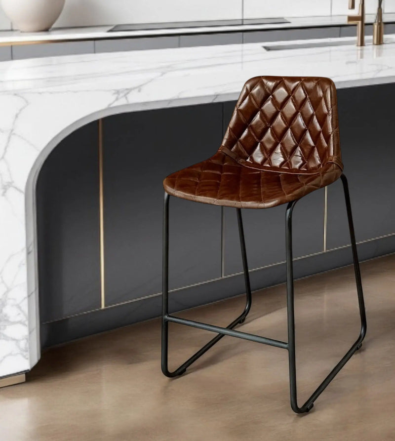 27" Brown and Black Leather and Iron Counter Height Bar Chair Homeroots Living Room