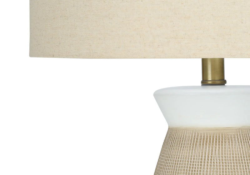 27" Brown and White Ceramic Round Table Lamp With Beige Drum Shade Homeroots Lighting
