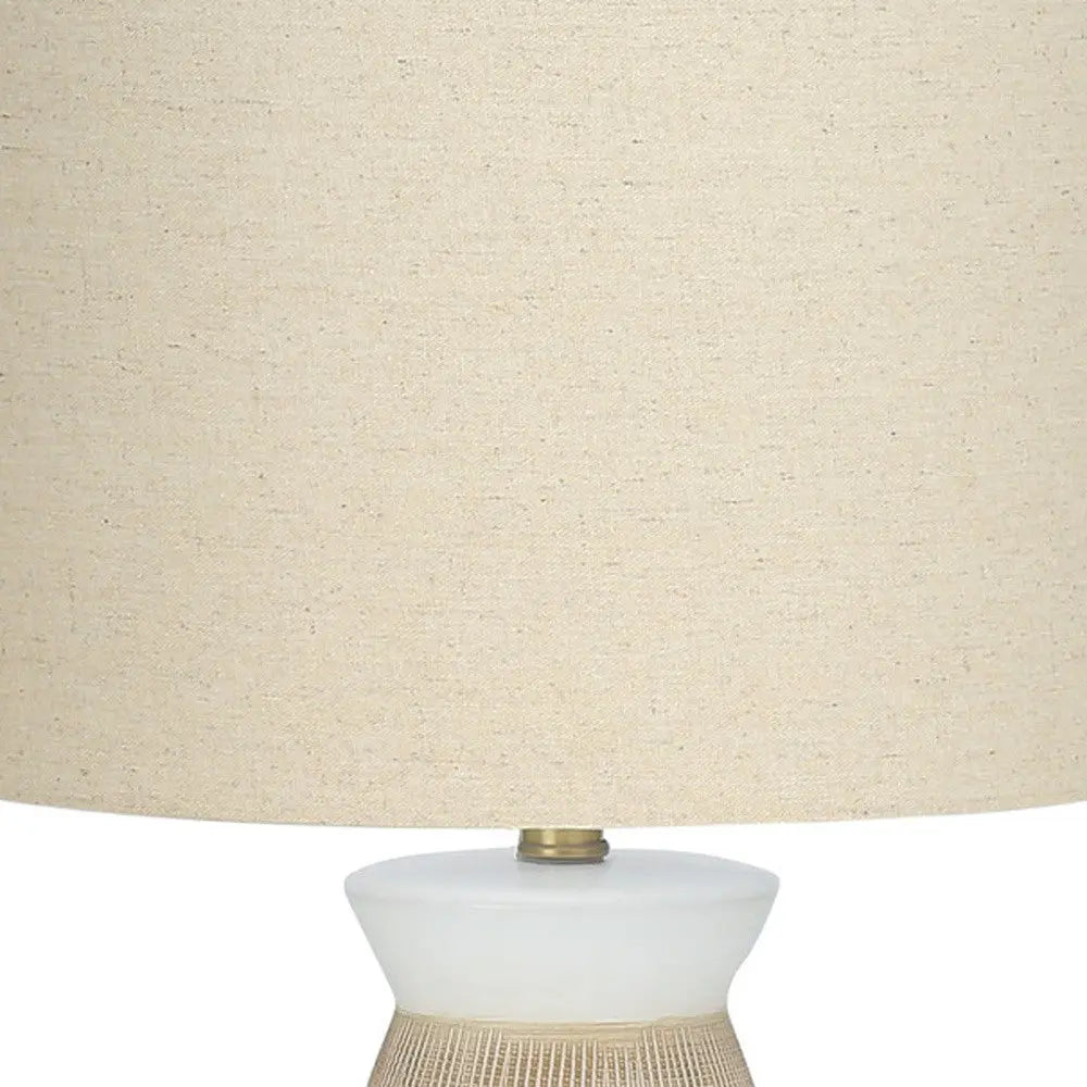 27" Brown and White Ceramic Round Table Lamp With Beige Drum Shade Homeroots Lighting