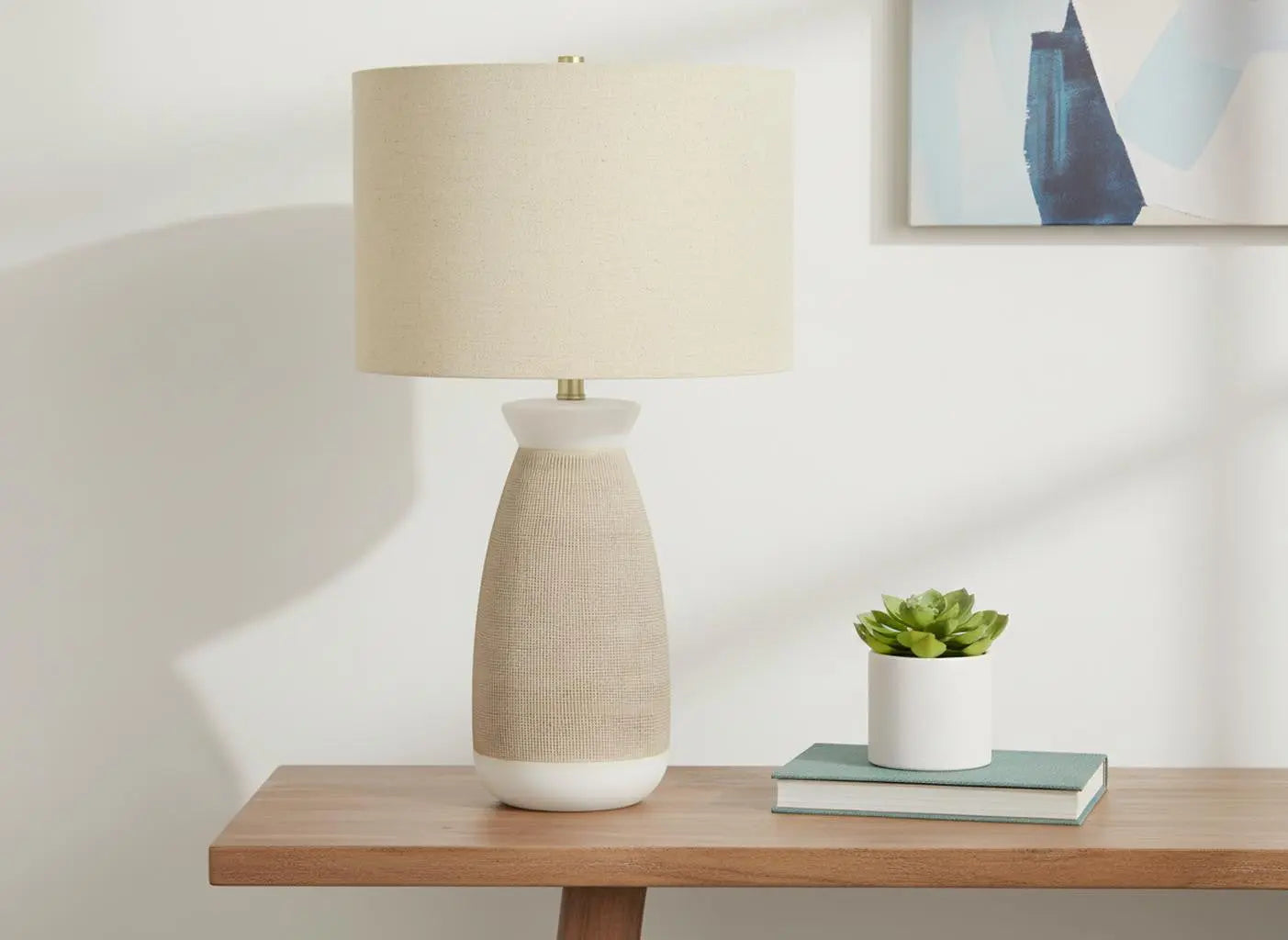 27" Brown and White Ceramic Round Table Lamp With Beige Drum Shade Homeroots Lighting