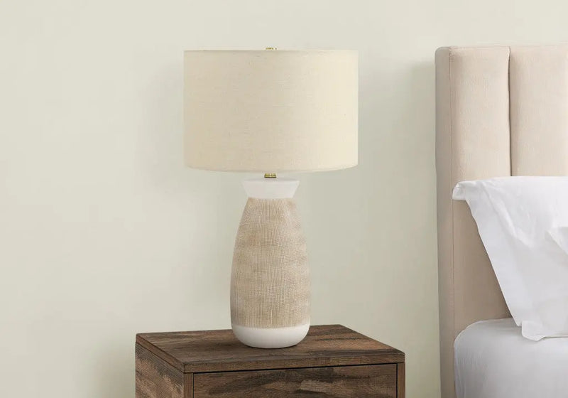 27" Brown and White Ceramic Round Table Lamp With Beige Drum Shade Homeroots Lighting