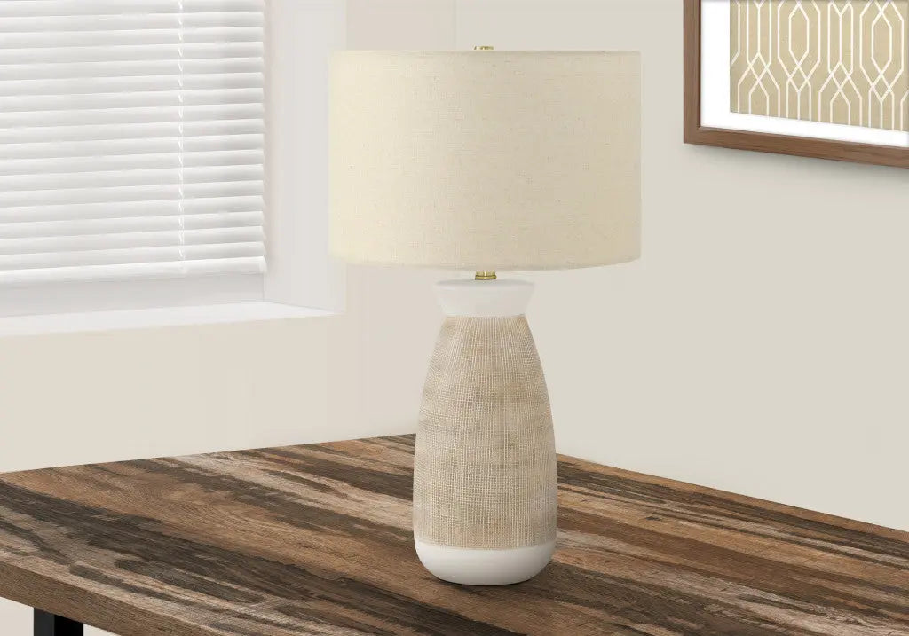 27" Brown and White Ceramic Round Table Lamp With Beige Drum Shade Homeroots Lighting