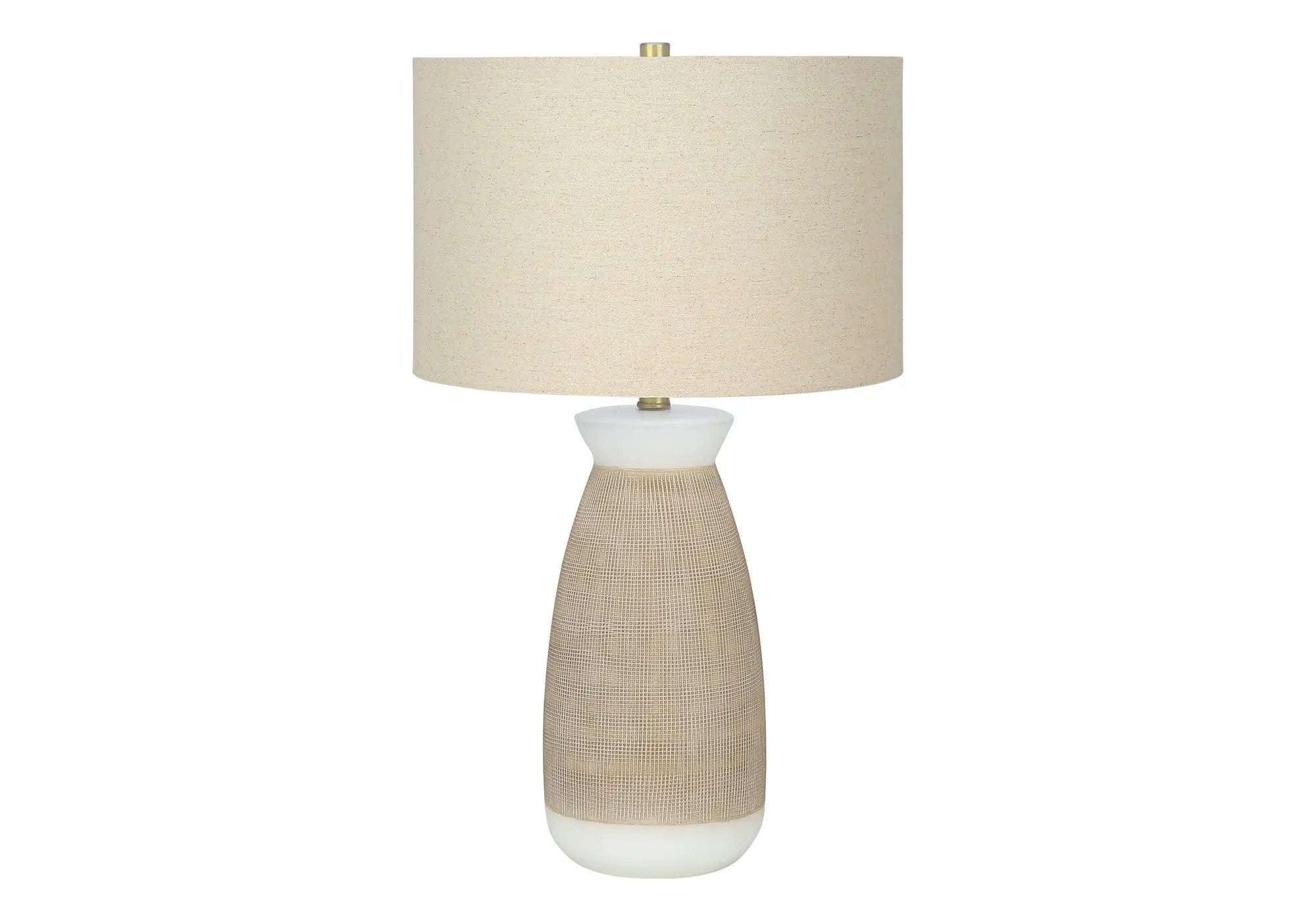 27" Brown and White Ceramic Round Table Lamp With Beige Drum Shade Homeroots Lighting