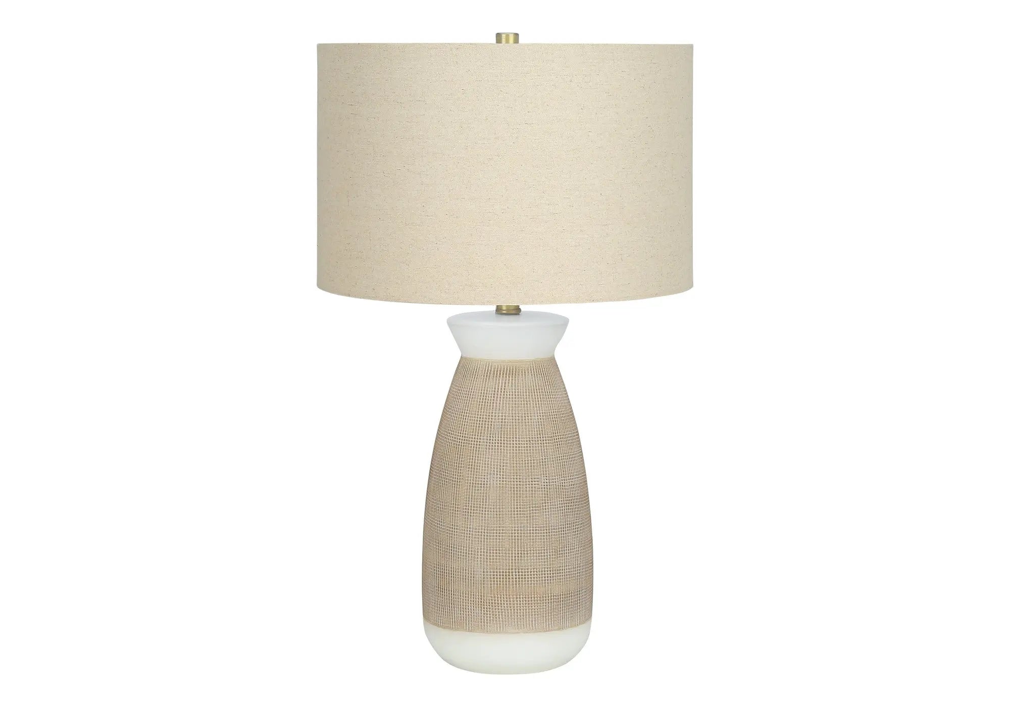 27" Brown and White Ceramic Round Table Lamp With Beige Drum Shade Homeroots Lighting