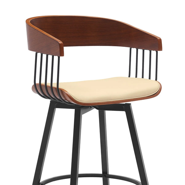 27" Cream and Black Faux Leather with Metal Swivel Counter Height Bar Chair Homeroots Living Room